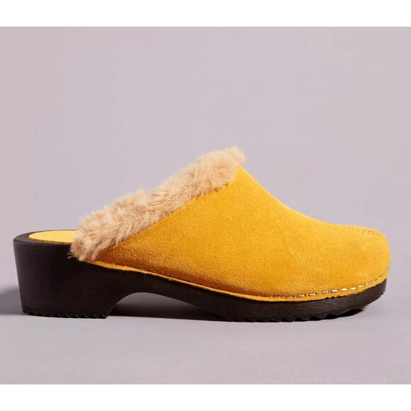 Anthropologie x Charles David 7 Shearling Clogs Suede Fur Slip On Shoes Yellow - Picture 1 of 9